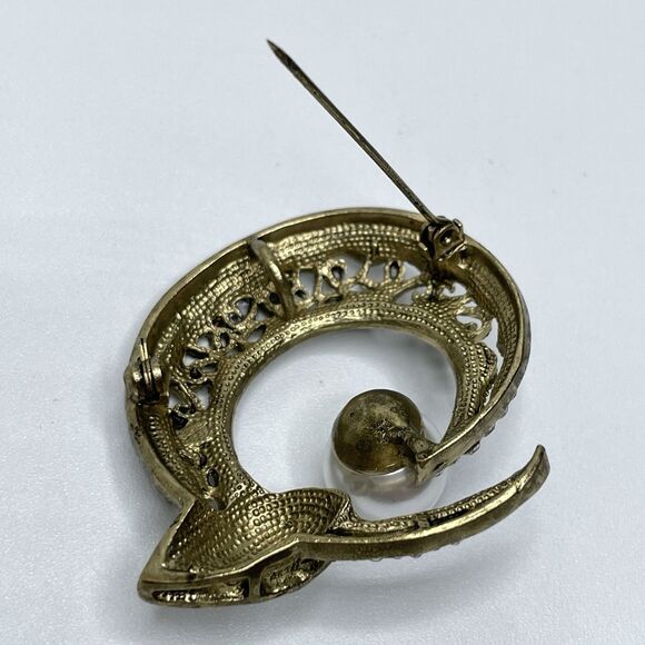 Gold Tone Faux Pearl White Rhinestone Round Brooch Pin Pendant Statement - Picture 6 of 6